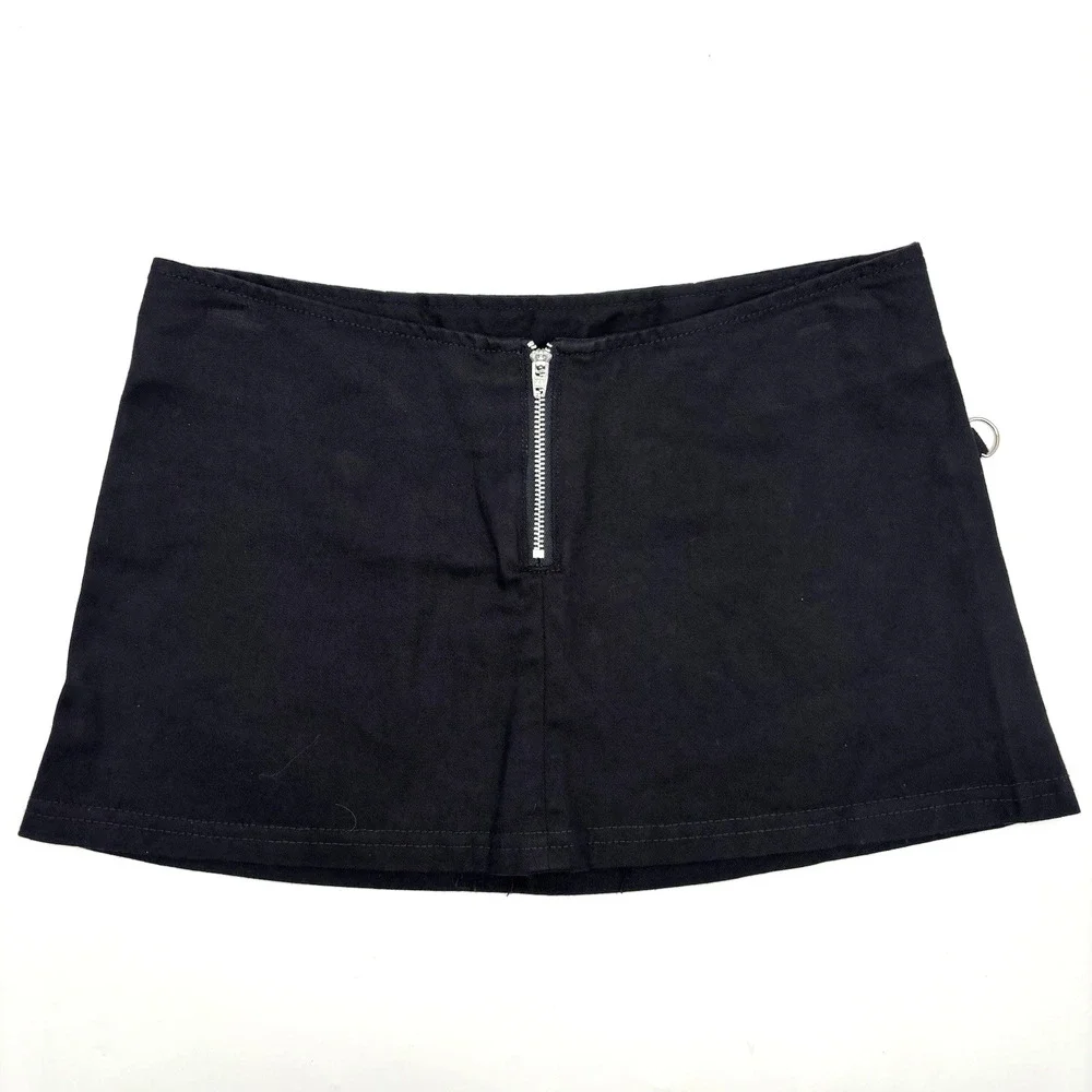 Vintage 90s Y2K DOGPILE Black Low Rise Zip Up D-ring Micro Skirt XS 26x11